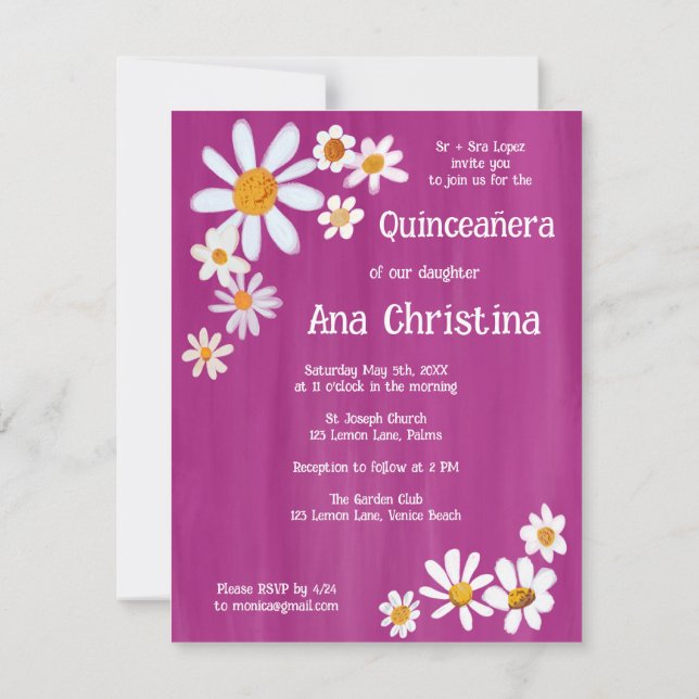 Quinceañera Cute Daisy Bouquet Handpainted Custom Invitation (Back)