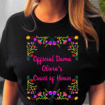 Quinceanera Dama Mexican Fiesta Floral Black T-Shirt<br><div class="desc">Personalised Black Quinceanera T-Shirt for your Dama(s). The wording on the front is completely editable and you can also add the dama's name on the back, if you wish. The bright pink typography is framed with a colourful floral design of Mexican fiesta flowers. Perfect for the sweet 15 celebrations and...</div>