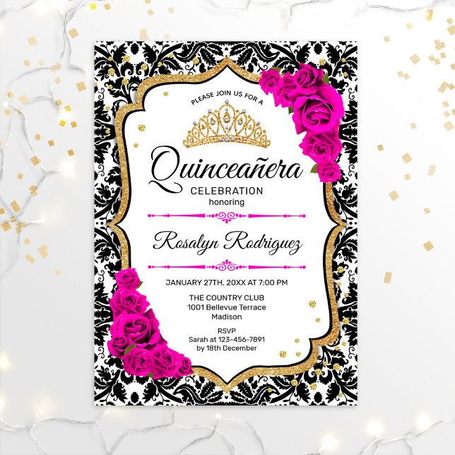 Quinceanera - Damask Pink Gold Invitation (Creator Uploaded)