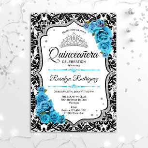 Quinceanera - Damask Silver Blue Invitation