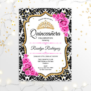 Quinceanera - Damask White Black Pink Invitation