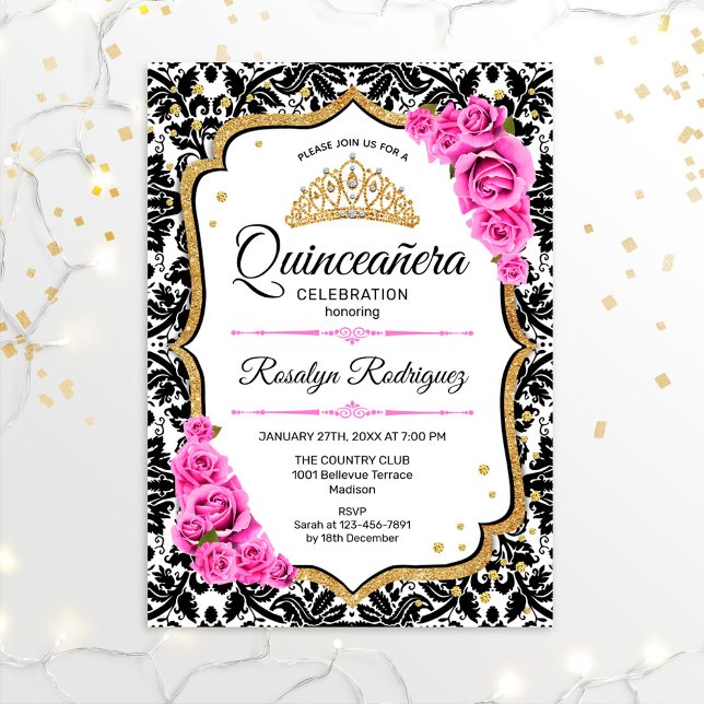 Quinceanera - Damask White Black Pink Invitation (Creator Uploaded)