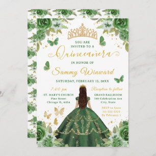 Quinceañera Dark Green Princess Brunette Girl Invitation