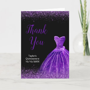 Quinceanera Dark Purple Dress Faux Glitter Thank You Card