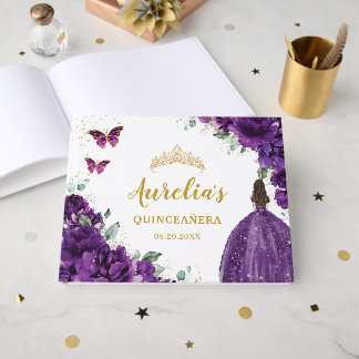 QUINCEAÑERA Dark Purple Floral Princess Butterfly Guest Book