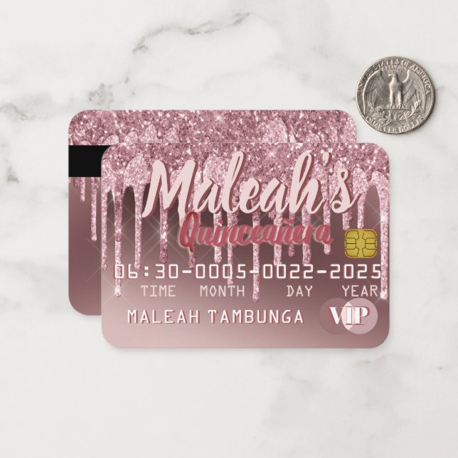 Quinceañera Dark Rose Gold & Pink Glitter Drip Card (Front/Back In Situ)