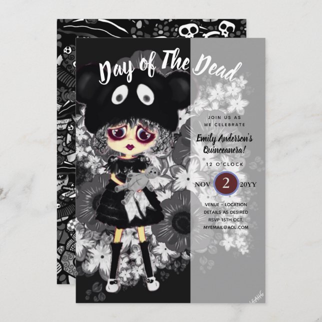 Quinceanera Day of The Dead GOTH Girl Sugar Skulls Invitation (Front/Back)