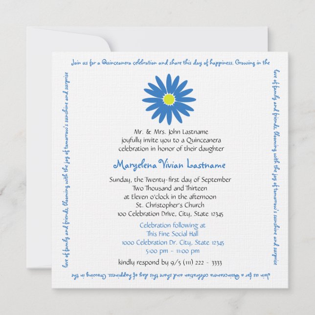 Quinceanera Delightful Daisy Message Text Blue Invitation (Front)