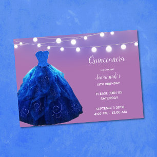 Quinceanera Denim Blue Lavender String Lights Invitation