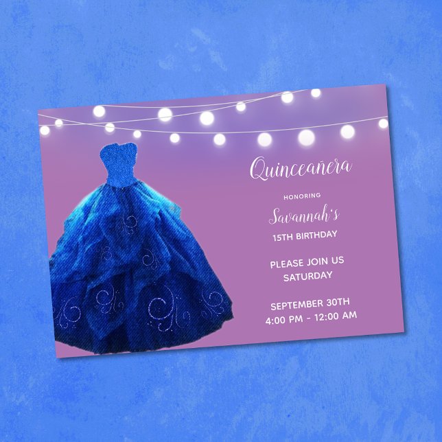 Quinceanera Denim Blue Lavender String Lights Invitation (Creator Uploaded)