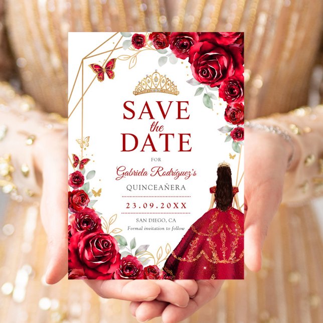 Quinceanera Dress Red Roses Gold Save The Date (Creator Uploaded)