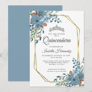 Quinceanera Dusty Blue Floral Gold Frame Invitation