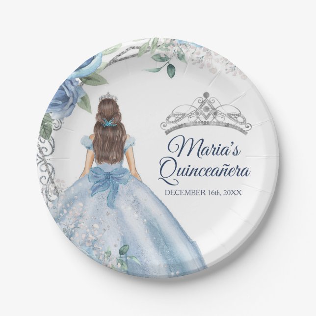 Quinceañera Dusty Blue Flowers watercolor  Paper Plate (Front)