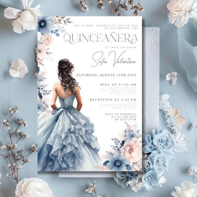 Quinceañera Dusty Blue Gown Pink Floral Brunette Invitation (Quinceañera Dusty Blue Gown Pink Floral Brunette Invitation)