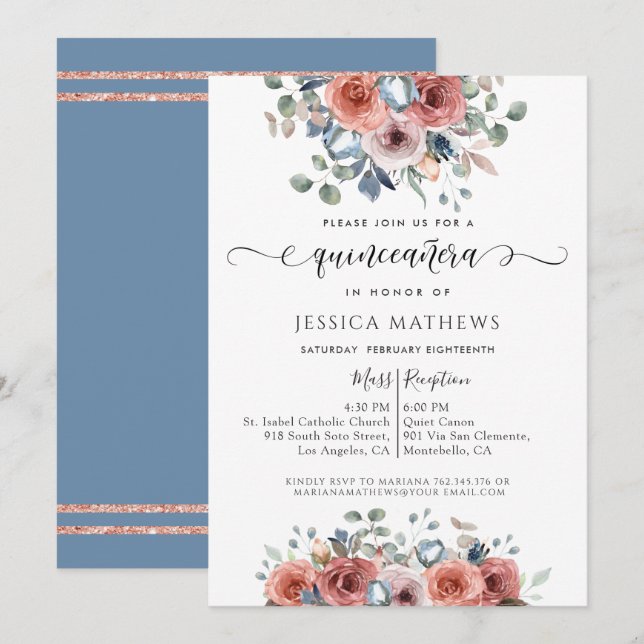 Quinceañera Dusty Blue Pink Gold Blissful Floral Invitation (Front/Back)
