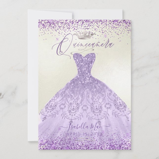Quinceanera Dusty Purple Silver Glitter Gown Invitation (Front)