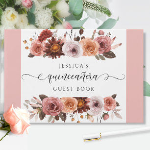Quinceañera Elegant Blush Pink and Burgundy Floral Guest Book