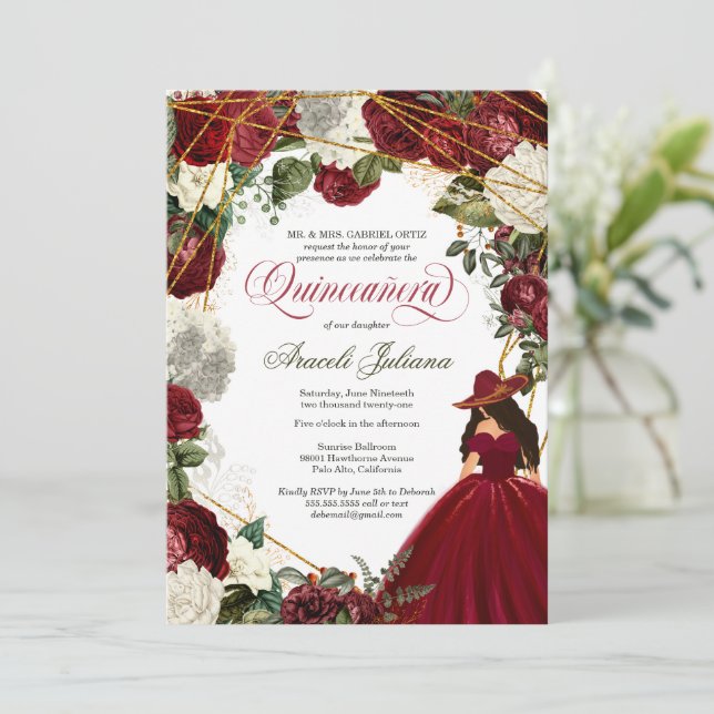 Quinceanera elegant charro burgundy white floral i invitation (Standing Front)
