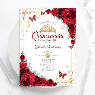 Quinceanera Elegant Chic Red Roses Gold Invitation
