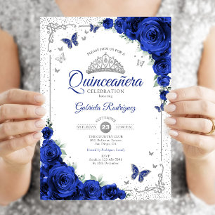  Quinceanera Elegant Chic Royal Blue Roses Silver Invitation