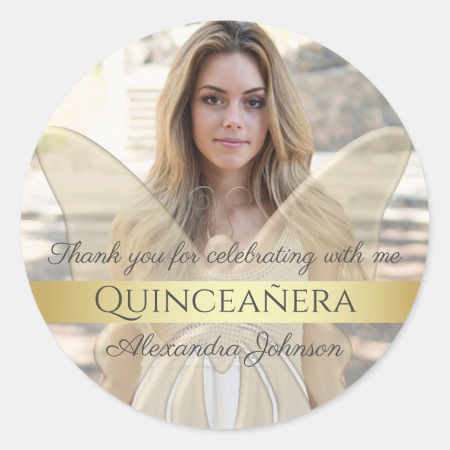 Quinceanera Elegant Gold Butterfly Photo Classic Round Sticker (Front)