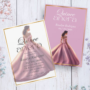 Quinceañera Elegant Modern Rose Pink Dress  Invitation