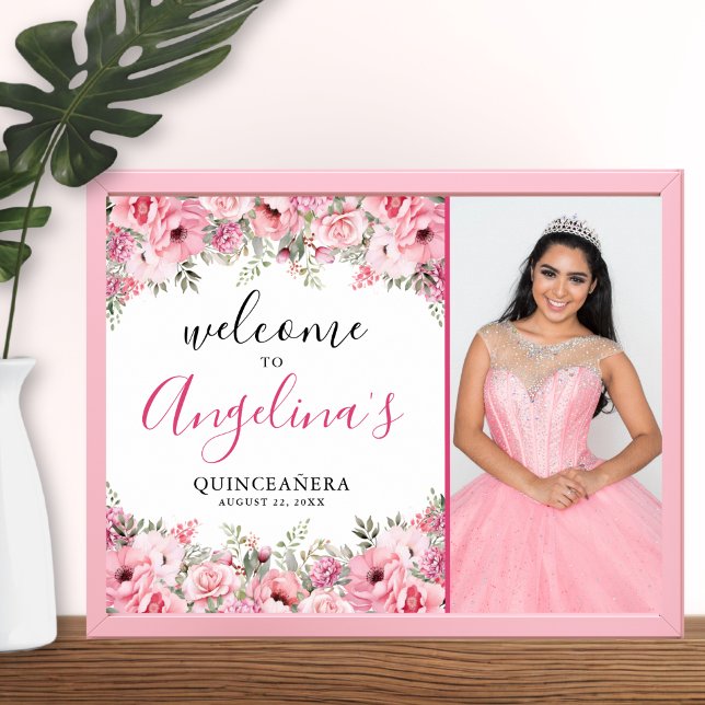 Quinceanera Elegant Pink Floral Photo Welcome Sign (Quinceanera Elegant Pink Floral Photo Welcome Sign)