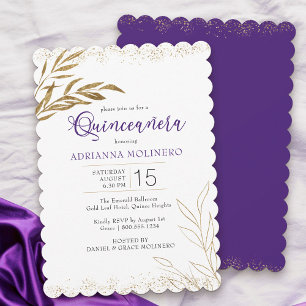 Quinceanera Elegant Purple and Gold Leaf Invitation