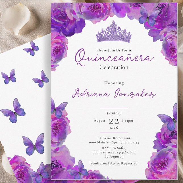 Quinceanera Elegant Purple Floral Tiara XV 15 Invitation (Creator Uploaded)
