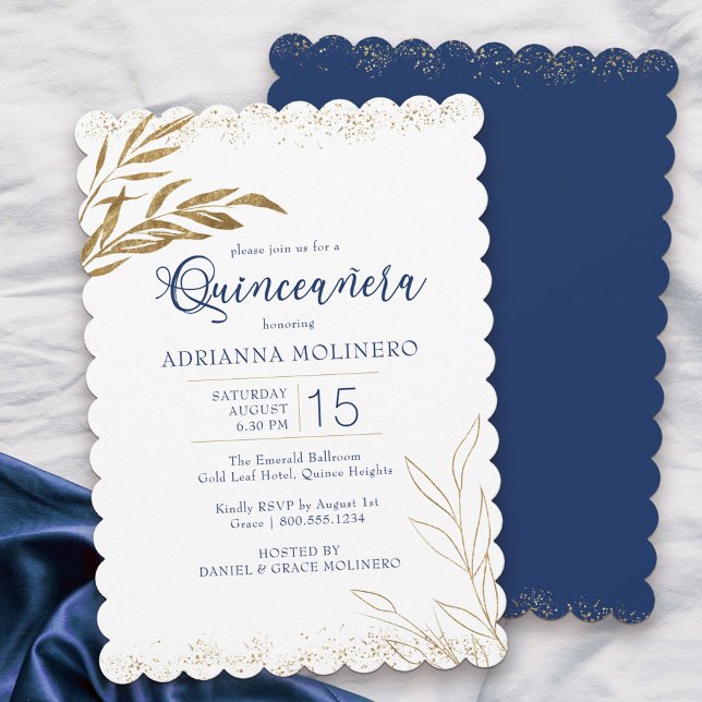 Quinceanera Elegant Royal Blue and Gold Leaf Invitation (Modern Quinceanera invitation in white, blue and gold from my Gold Leaf Collection
)