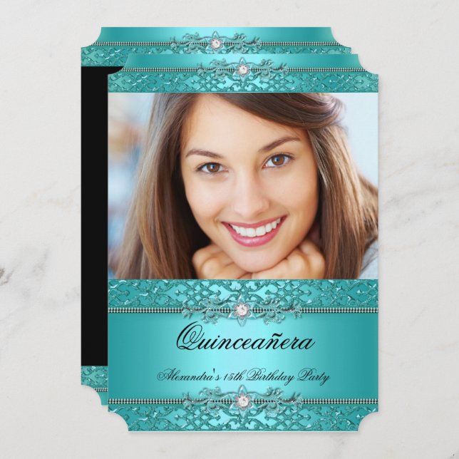 Quinceanera Elegant Teal Blue Diamond Photo Invitation (Front/Back)