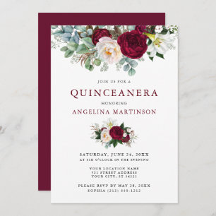 Quinceanera Elegant Watercolor Burgundy Floral Invitation