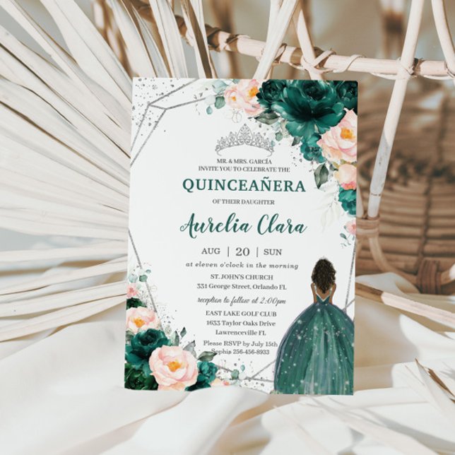 Quinceañera Emerald Blush Floral Brown Princess Invitation (Creator Uploaded)