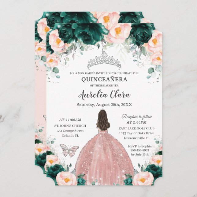Quinceañera Emerald Blush Floral Princess Silver Invitation (Front/Back)