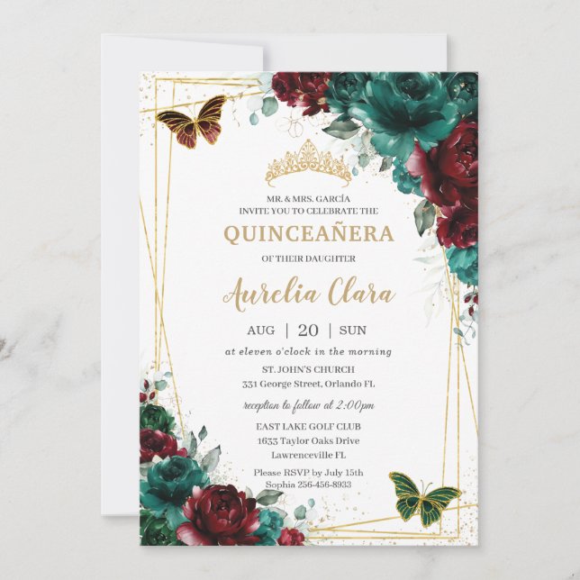 Quinceanera Emerald Burgundy Floral Butterflies Invitation (Front)