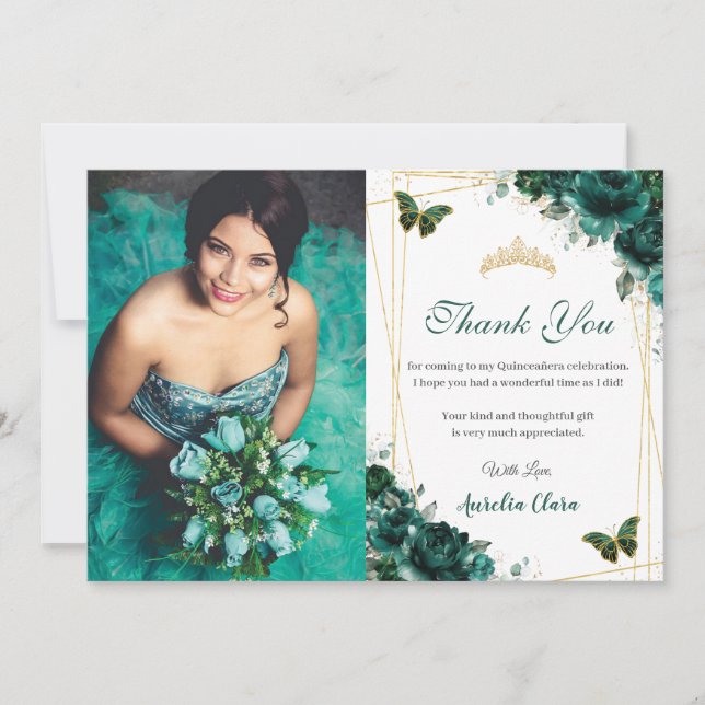 Quinceañera Emerald Floral Butterflies Birthday Thank You Card (Front)
