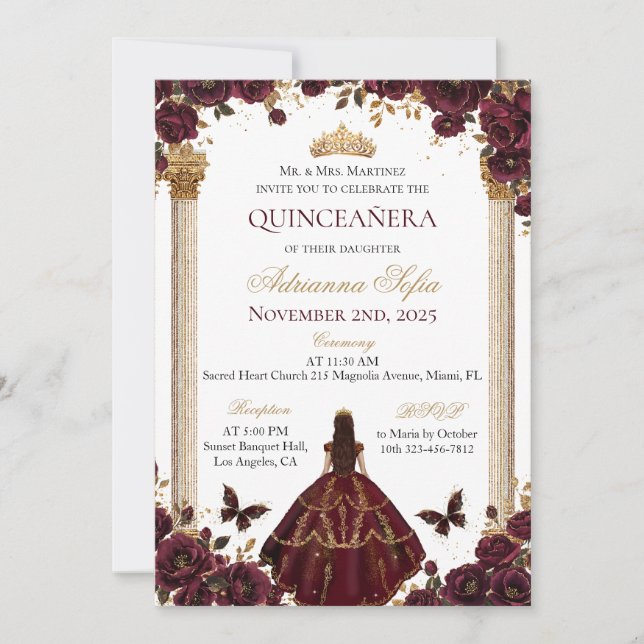 Quinceañera Emerald Gold Burgundy Roses Princess Invitation (Front)