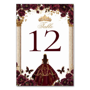 Quinceañera Emerald Gold Burgundy Roses Princess Table Number