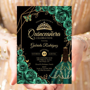 Quinceanera Emerald Gold Gold Dress Floral Invitation