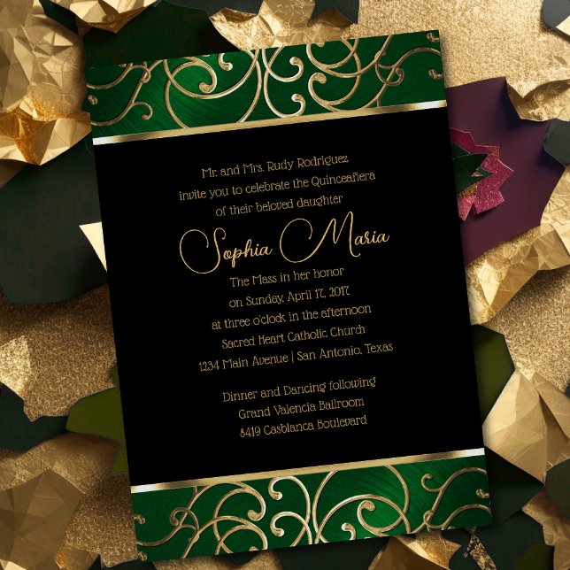 Quinceañera Emerald Green and Gold Filigree Swirls Invitation (Creator Uploaded)