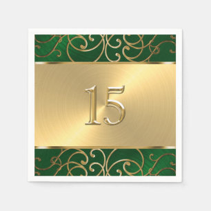 Quinceanera Emerald Green and Gold Filigree Swirls Napkin