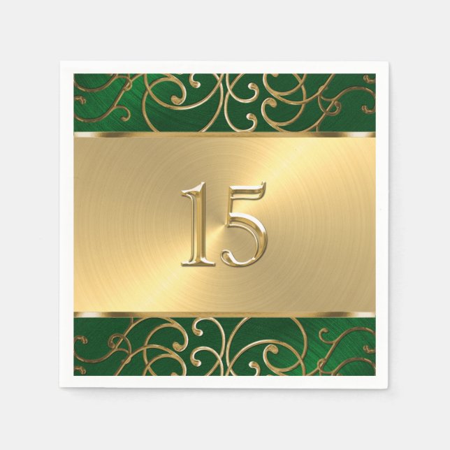 Quinceanera Emerald Green and Gold Filigree Swirls Napkin (Front)