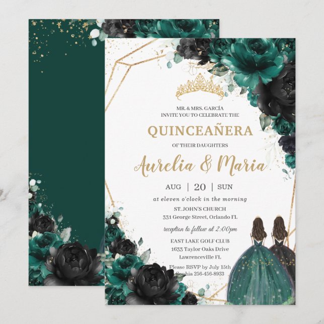 Quinceañera Emerald Green Black Floral Roses Twins Invitation (Front/Back)