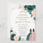 Quinceañera Emerald Green Blush Floral Twins  Invitation<br><div class="desc">Personalise this lovely quinceañera invitation with own wording easily and quickly,  simply press the customise it button to further re-arrange and format the style and placement of the text.  Matching items available in store!  (c) The Happy Cat Studio</div>