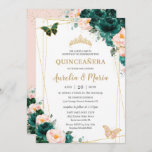 Quinceañera Emerald Green Blush Floral Twins Invitation<br><div class="desc">Personalise this lovely quinceañera invitation with own wording easily and quickly,  simply press the customise it button to further re-arrange and format the style and placement of the text.  Matching items available in store!  (c) The Happy Cat Studio</div>