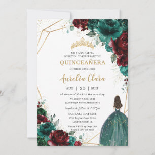 Quinceañera Emerald Green Burgundy Floral Gold Invitation