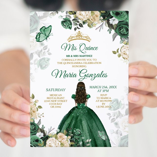 Quinceañera Emerald Green Butterfly Gold Crown Invitation (Creator Uploaded)