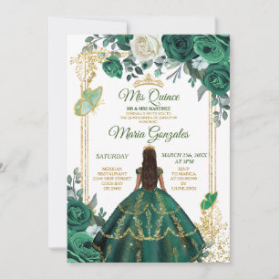 Quinceañera Emerald Green Butterfly Gold Crown Invitation