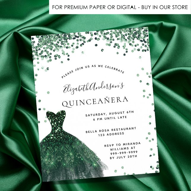 Quinceanera emerald green dress budget invitation (Creator Uploaded)