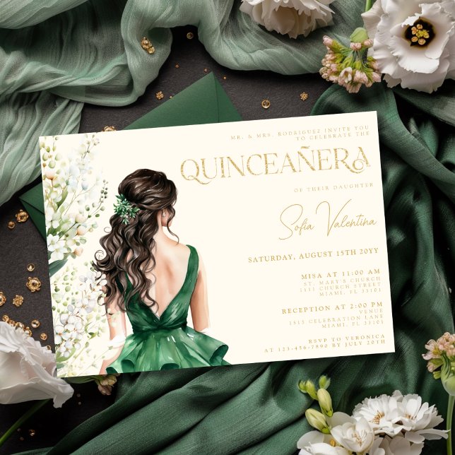 Quinceañera Emerald Green Dress Floral Brunette Invitation (Quinceañera Emerald Green Dress Floral Brunette Invitation)